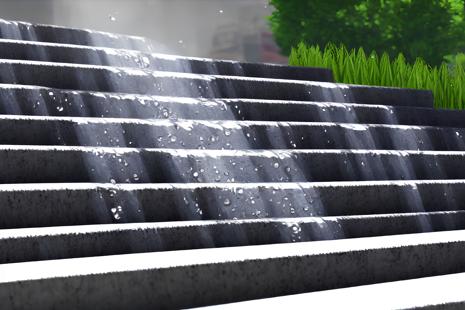 Sunlit wet stair steps with glistening water droplets and green grass.