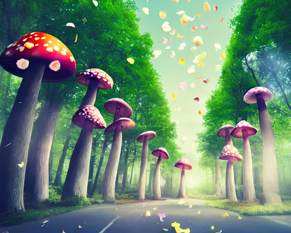 Colorful Mushroom Forest Scene with Misty Green Light