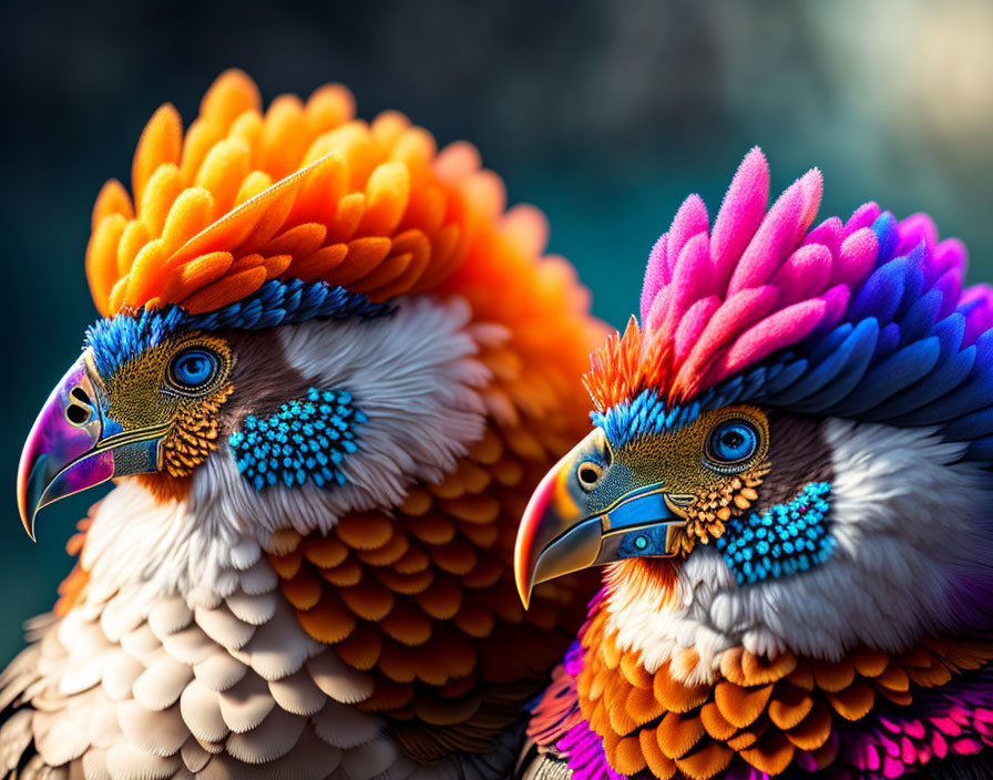 Vibrant Fantastical Birds with Orange, Pink, and Blue Plumage