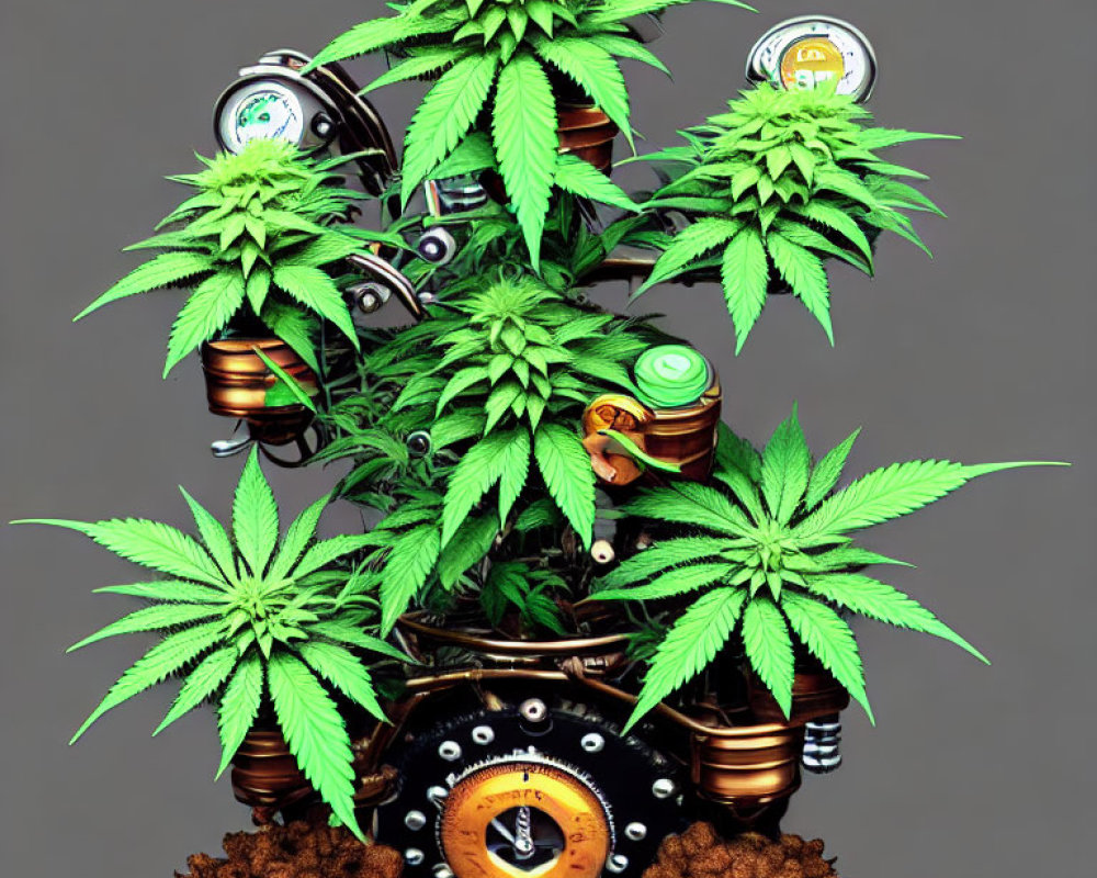 Digital art: Mechanical tree with cannabis leaves and watches on soil base