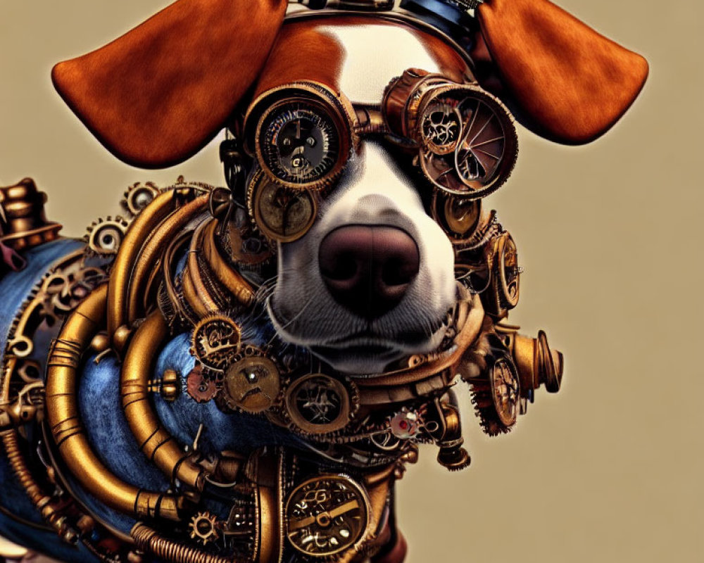 Steampunk-inspired dog with goggles and mechanical adornments on tan background