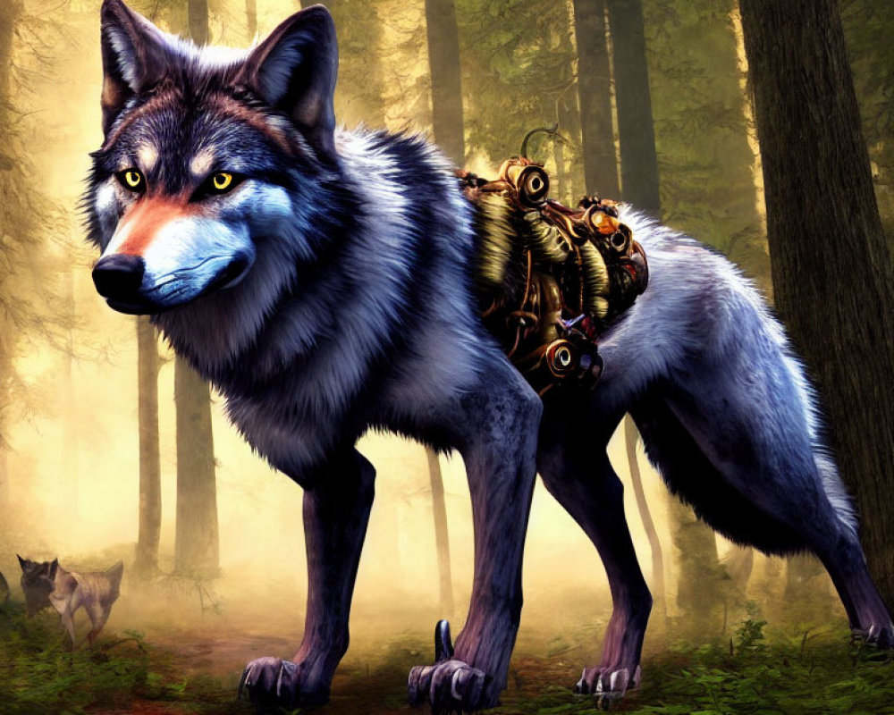 Fantasy wolf digital art with blue eyes in enchanted forest