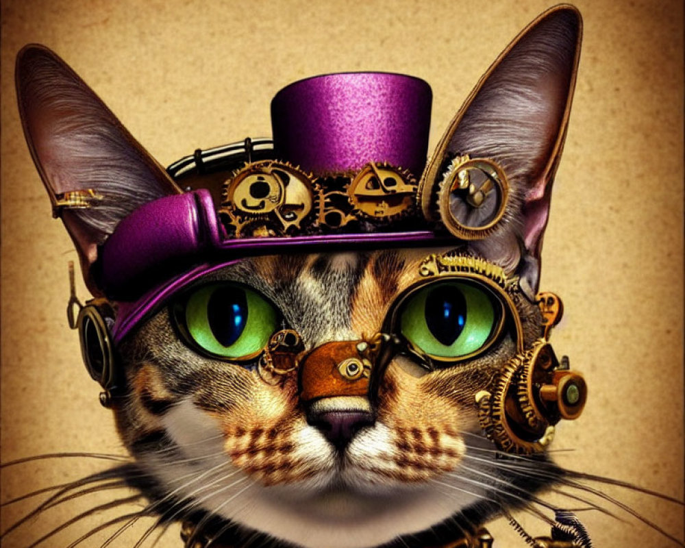 Steampunk-themed cat digital artwork with green eyes and purple hat
