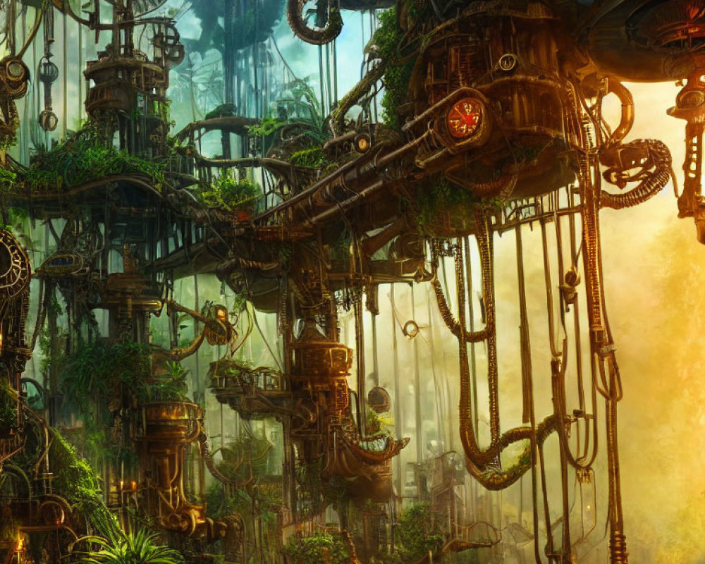 Verdant jungle with steampunk machinery and golden light