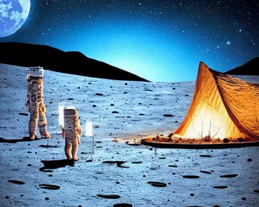 Astronaut beside glowing moon tent under starry sky with Earth visible