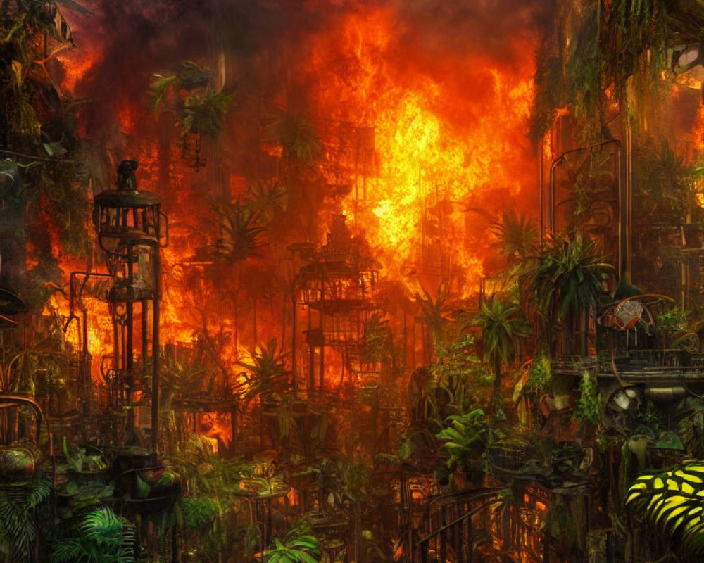 Lush jungle scene with ancient ruins ablaze in bright orange flames