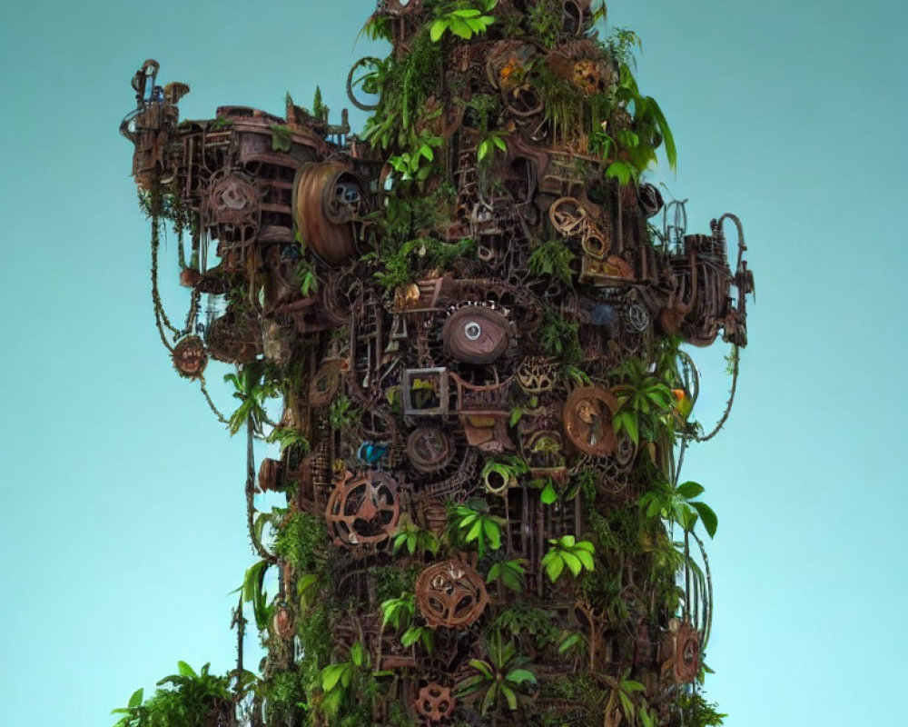Sculpture blending greenery with steampunk gears
