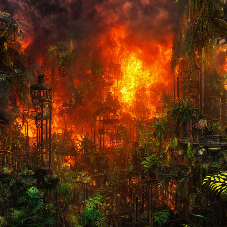 Lush jungle scene with ancient ruins ablaze in bright orange flames