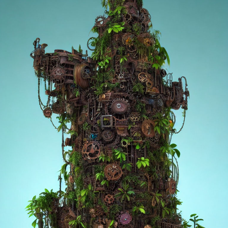 Sculpture blending greenery with steampunk gears