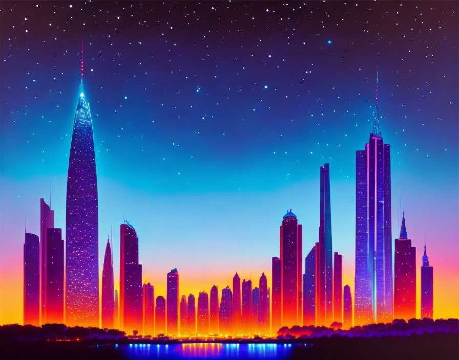 City skyline at twilight: Vibrant skyscrapers under starry sky