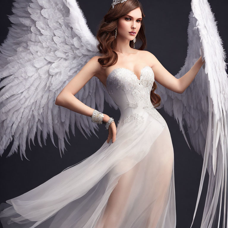 Elegant woman in white dress with intricate details and large wings on dark background