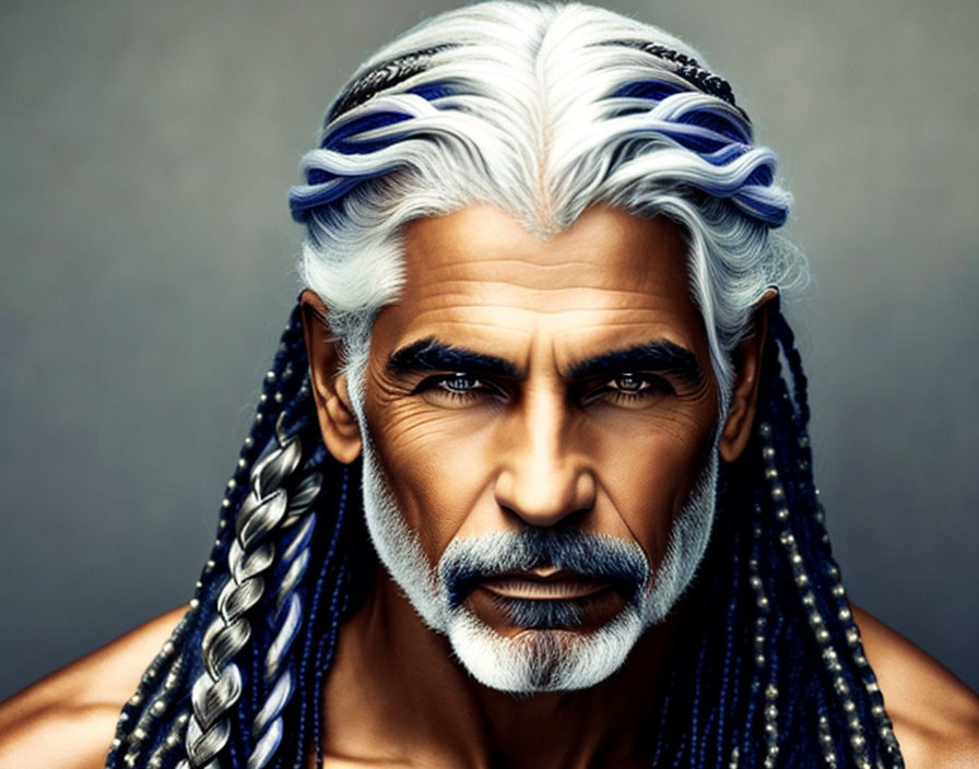 Man with White and Blue Braided Hair and Beard Portrait on Grey Background