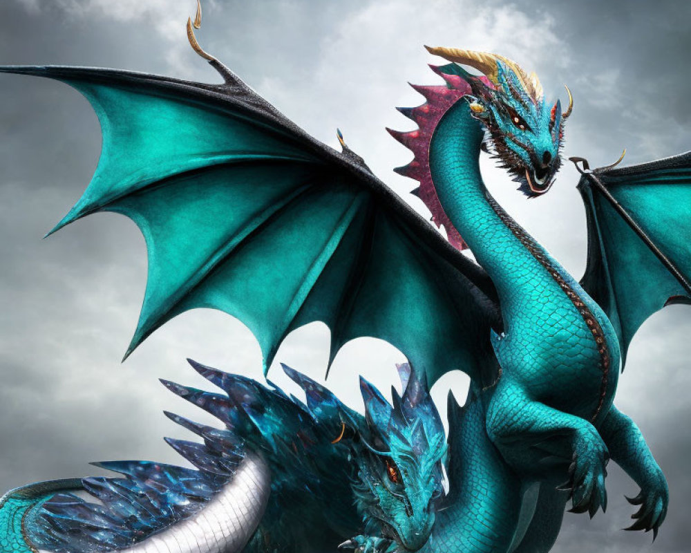 Turquoise Dragon with Dark Teal Wings Against Stormy Sky