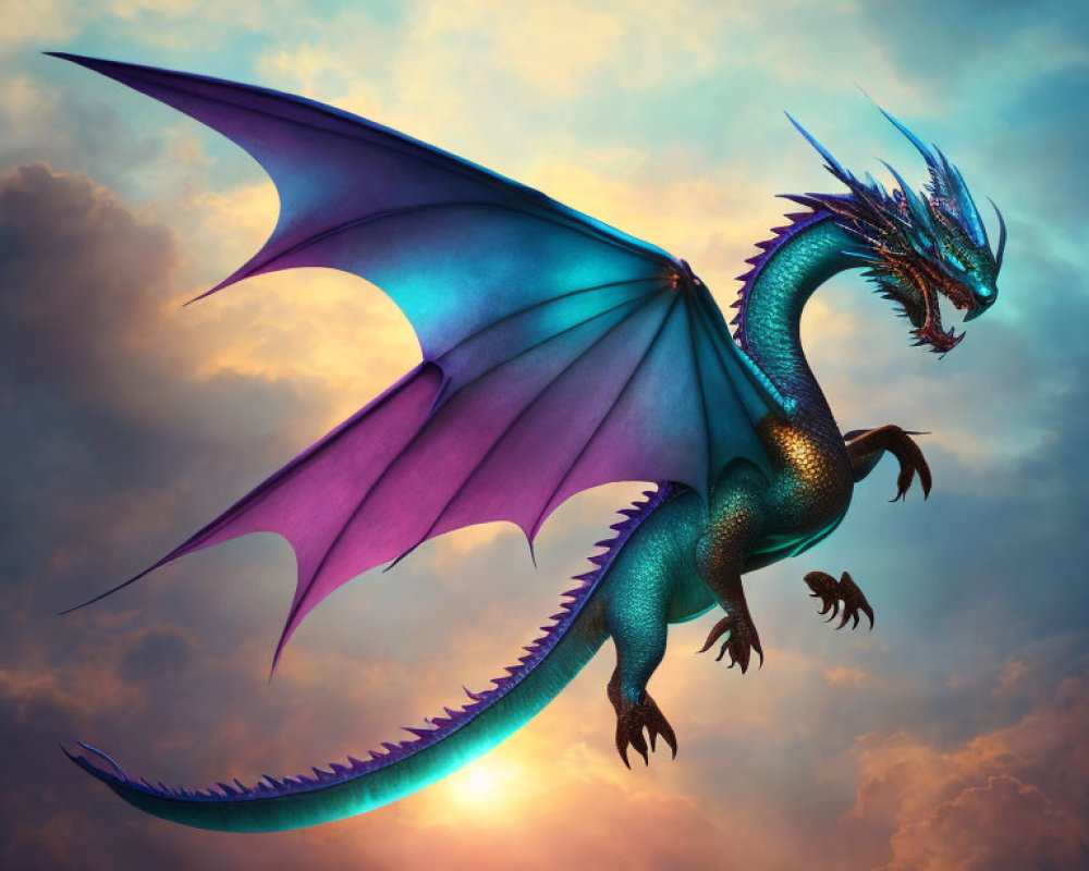 Iridescent blue-green dragon with purple wings in dramatic sky