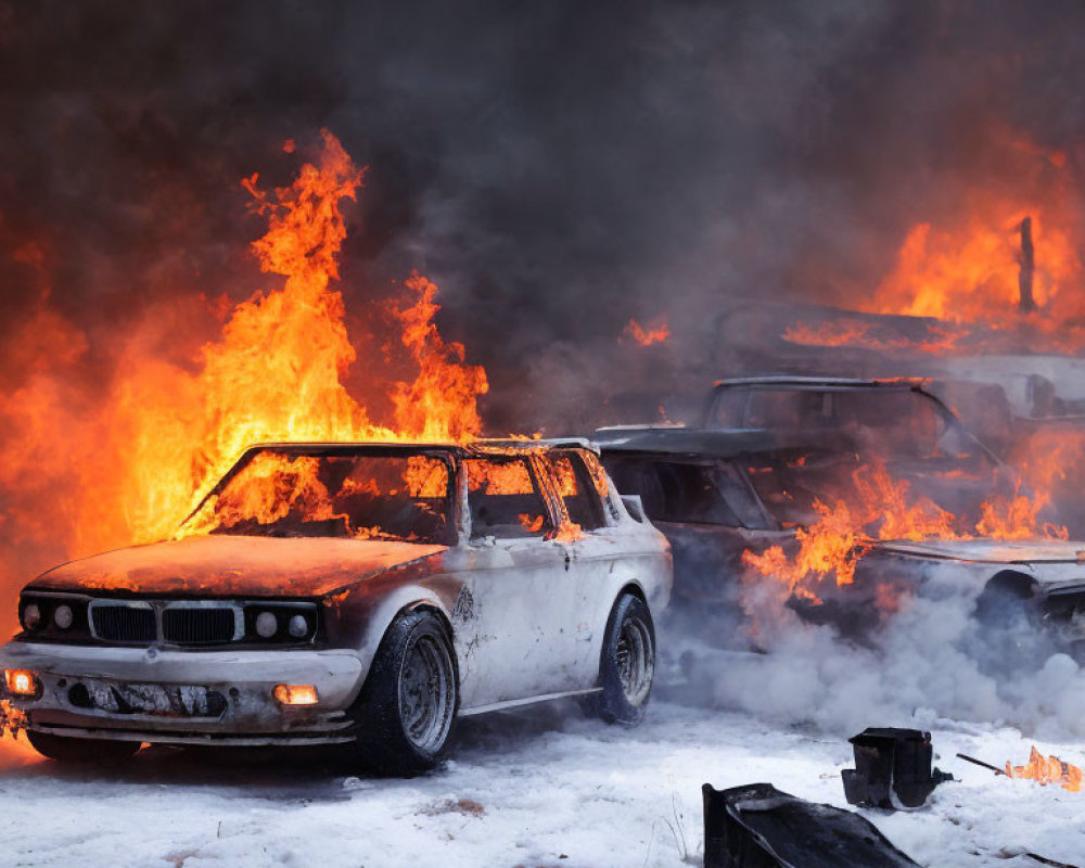 Snowy Landscape: Vehicles Engulfed in Flames and Smoke