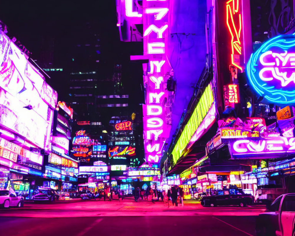 Colorful neon-lit city street scene at night with pedestrians and cars