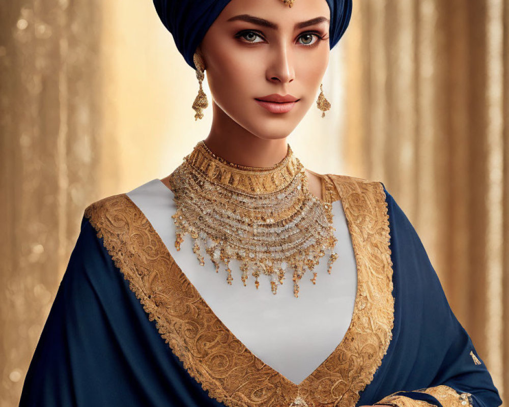 Traditional woman in blue and gold attire with intricate jewelry on golden backdrop