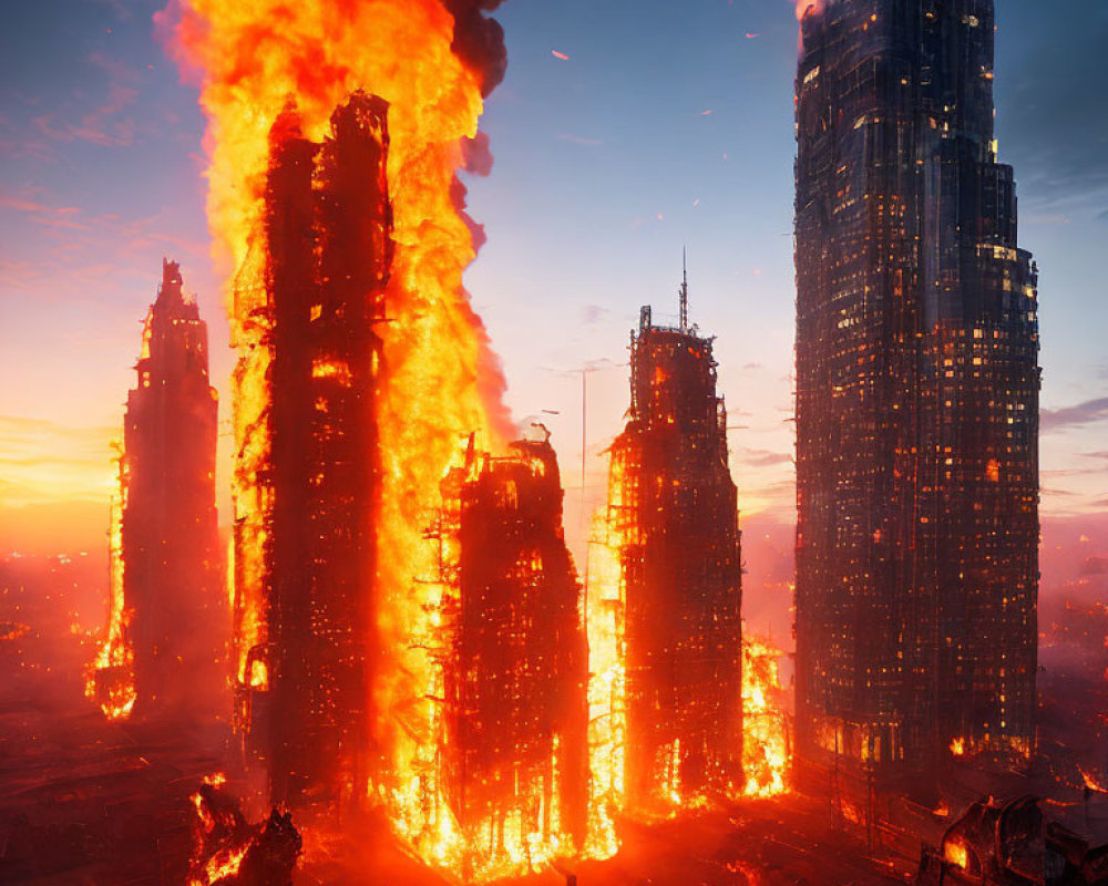 Dystopian skyscrapers ablaze in fiery sunset landscape