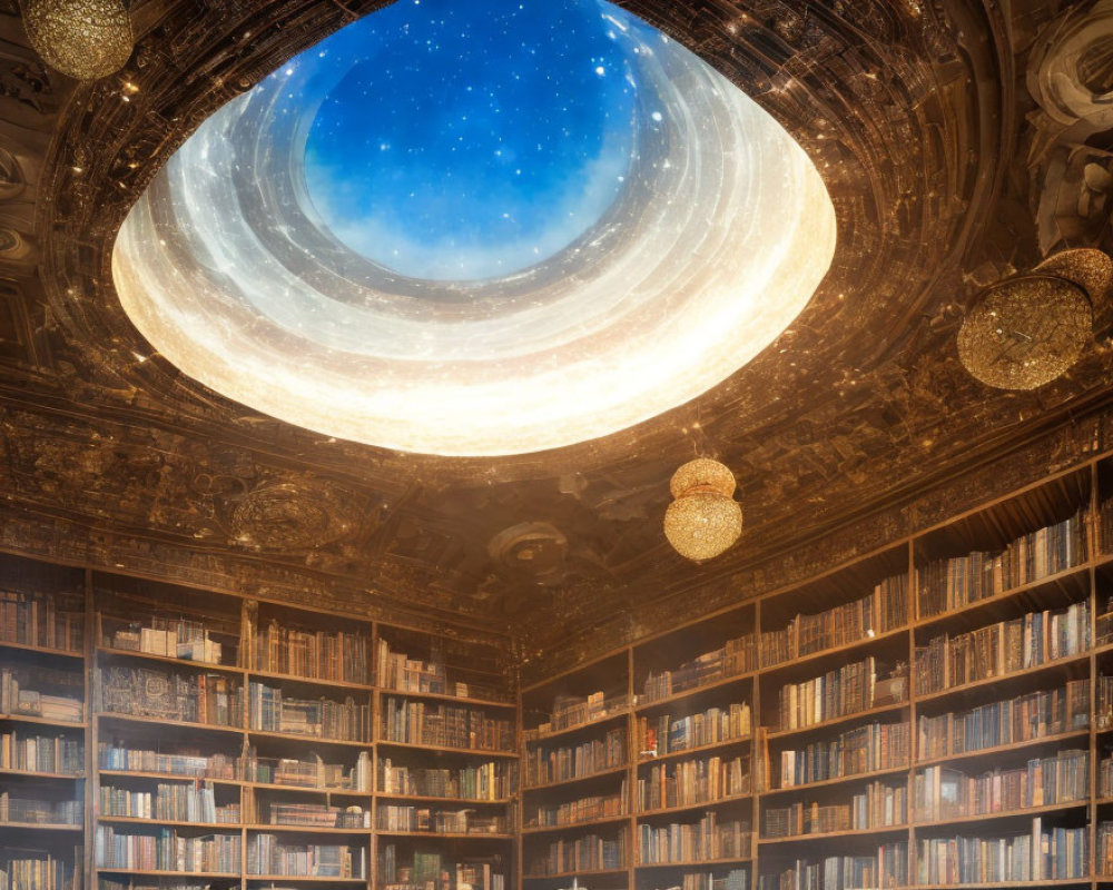 Ornate library with towering bookshelves under circular dome