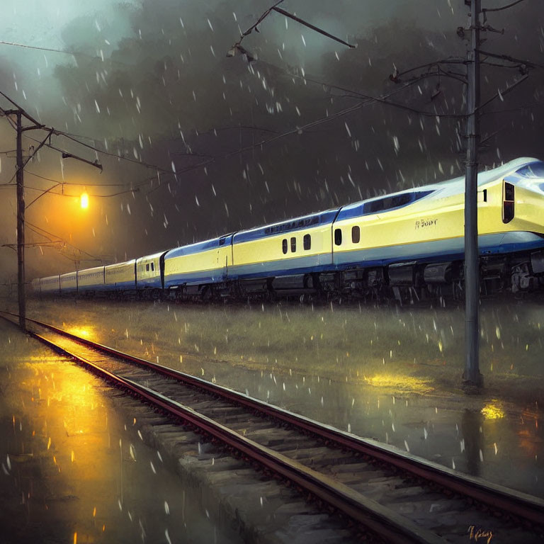 Passenger train on wet tracks at dusk in heavy rain with warm streetlight glow.
