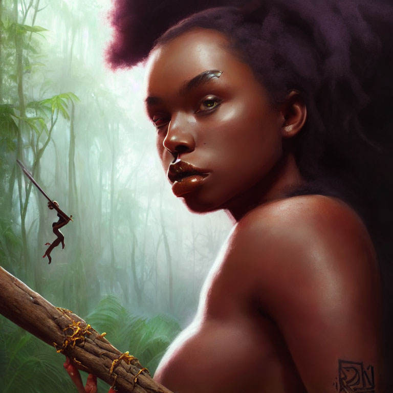 Portrait of woman with intense gaze, holding branch with gecko in misty jungle