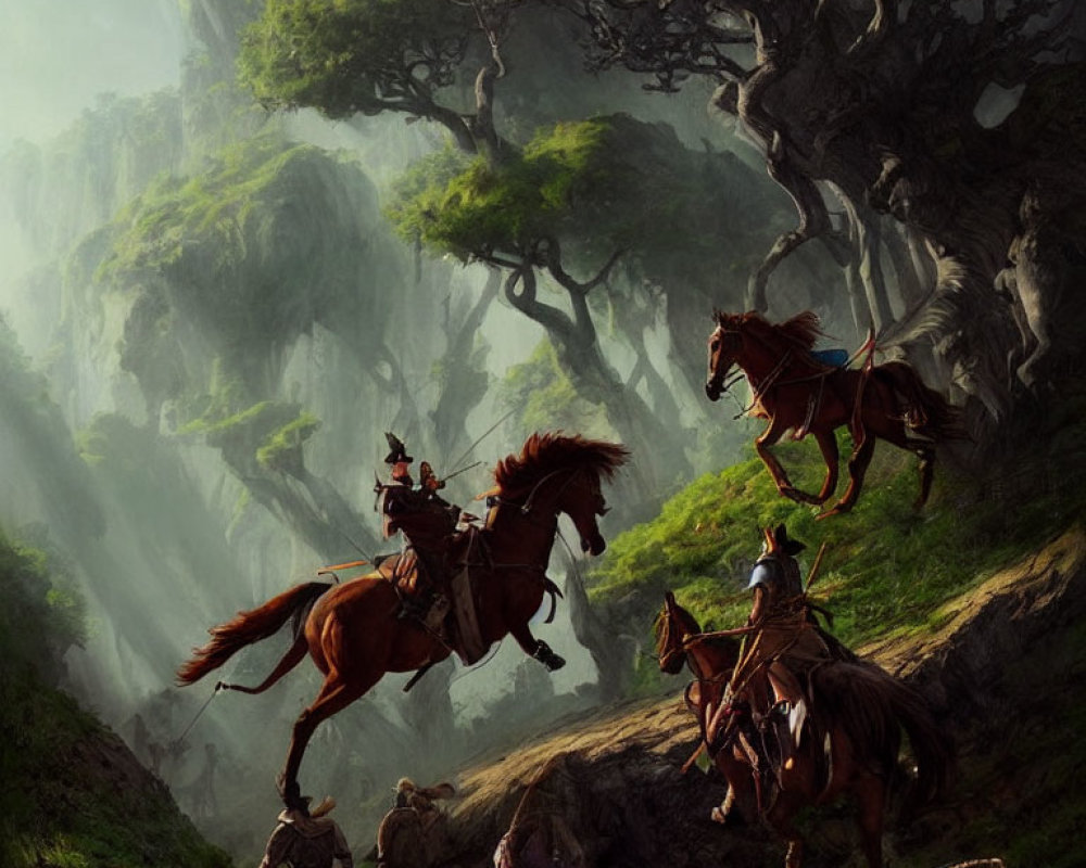 Medieval knights on horseback in mystical forest with towering trees.