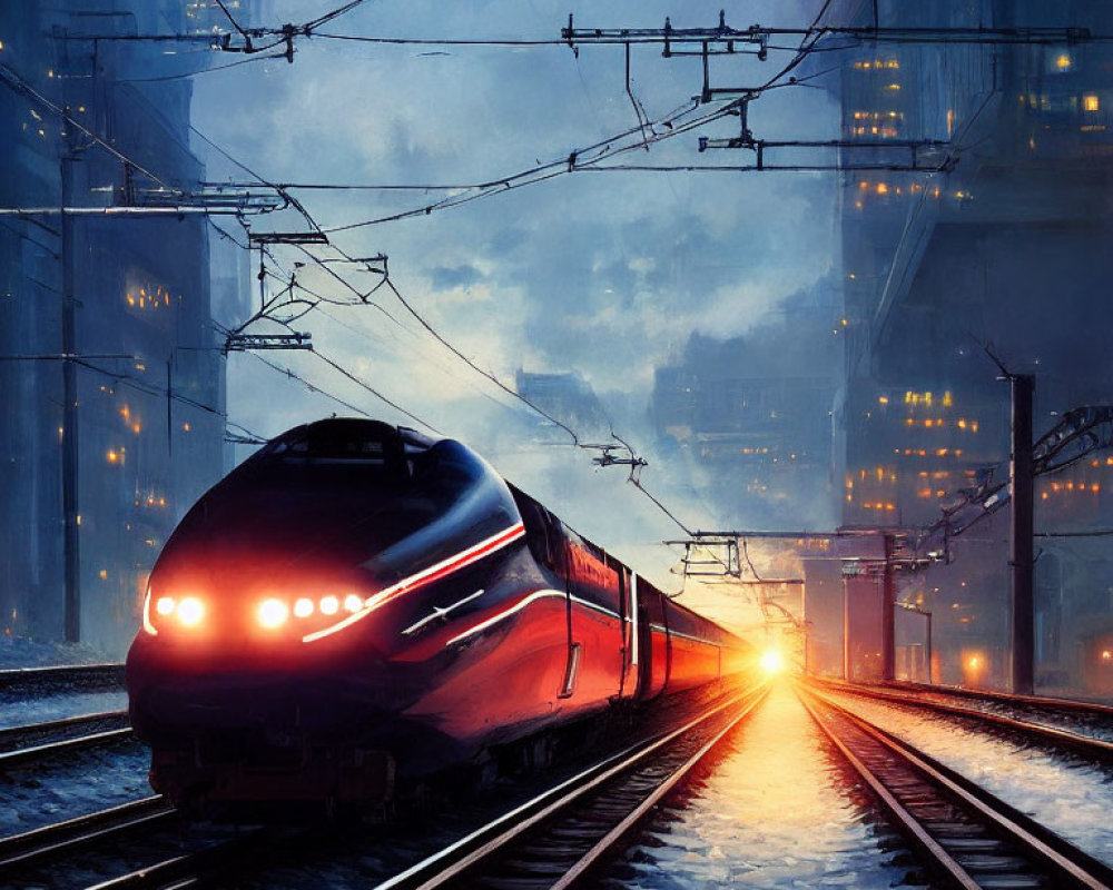 Futuristic train speeding through illuminated cityscape at dusk