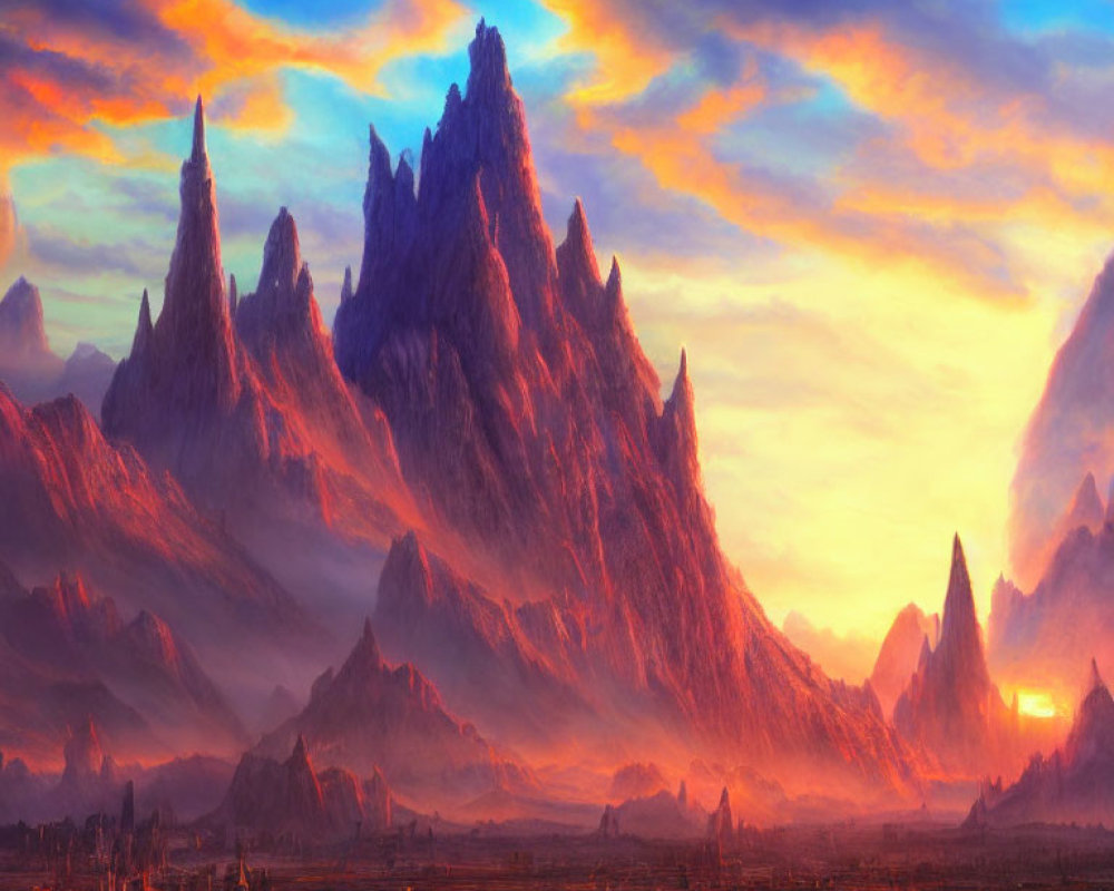 Majestic fantasy landscape: towering mountains, ancient city, dramatic sunset