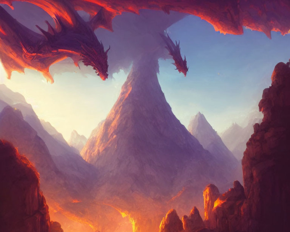 Fiery sky with dragons over volcanic landscape