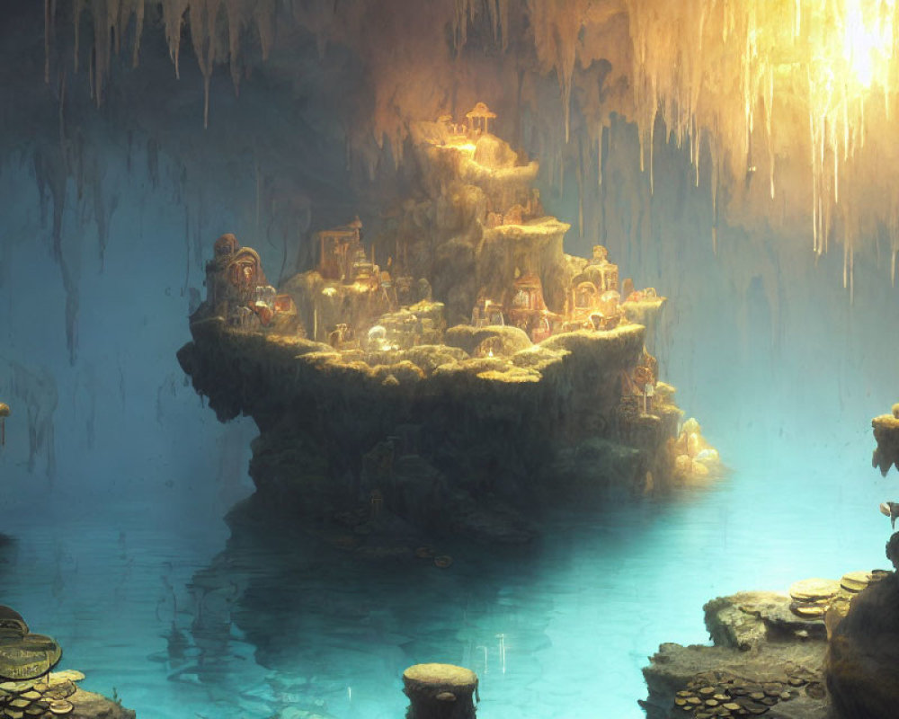 Ethereal underground city with golden lights, ancient architecture, water, stalactites