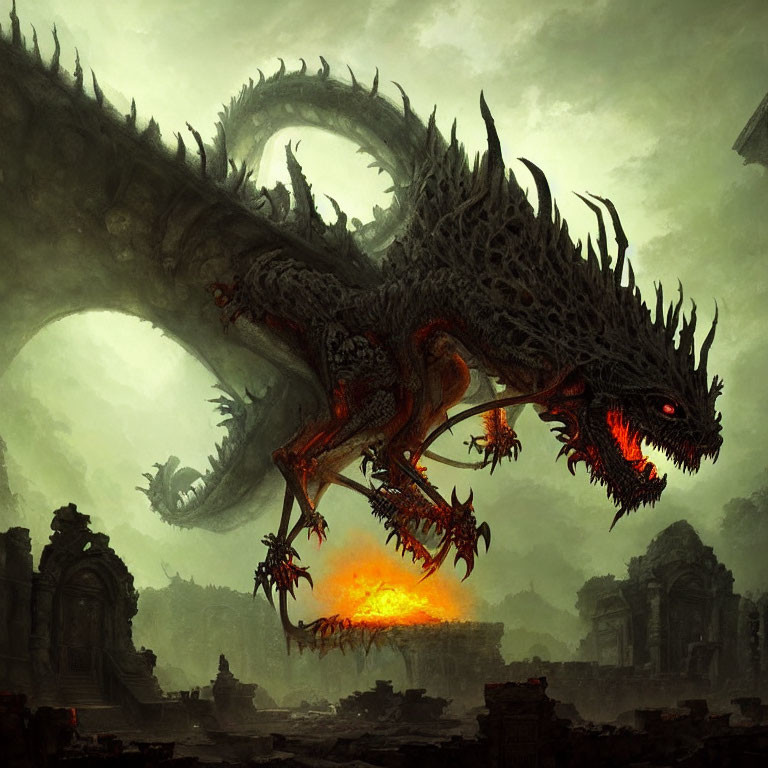 Majestic dragon breathing fire in gloomy ruins