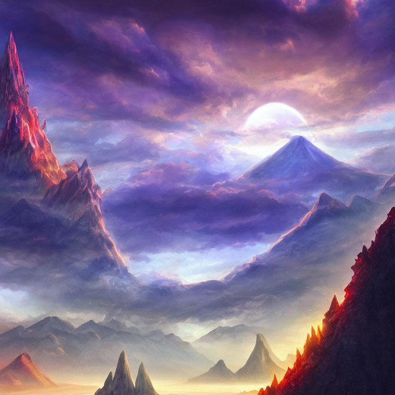 Majestic mountains under purple sky at sunset