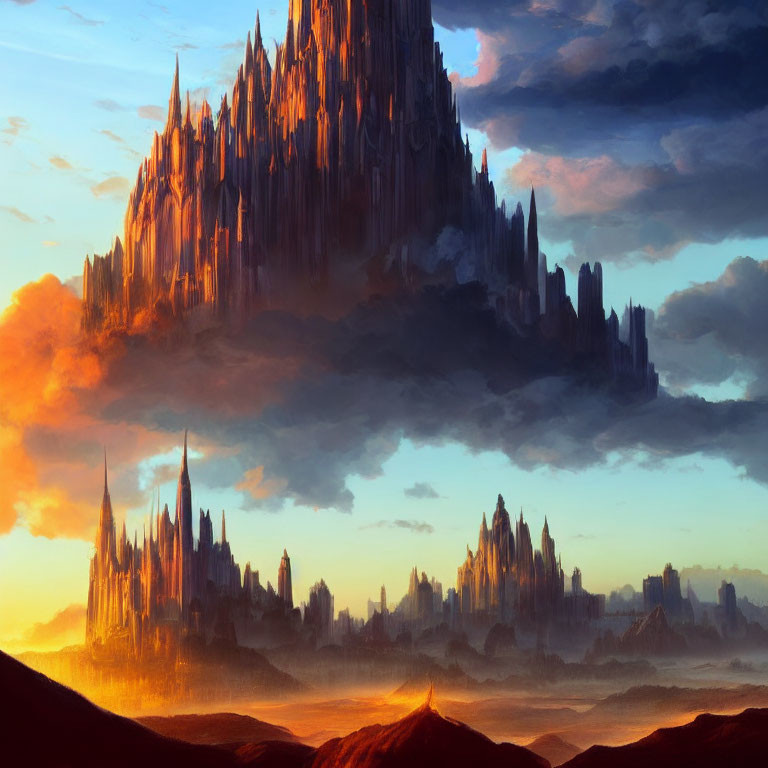 Majestic fantasy landscape with towering mountains at sunset