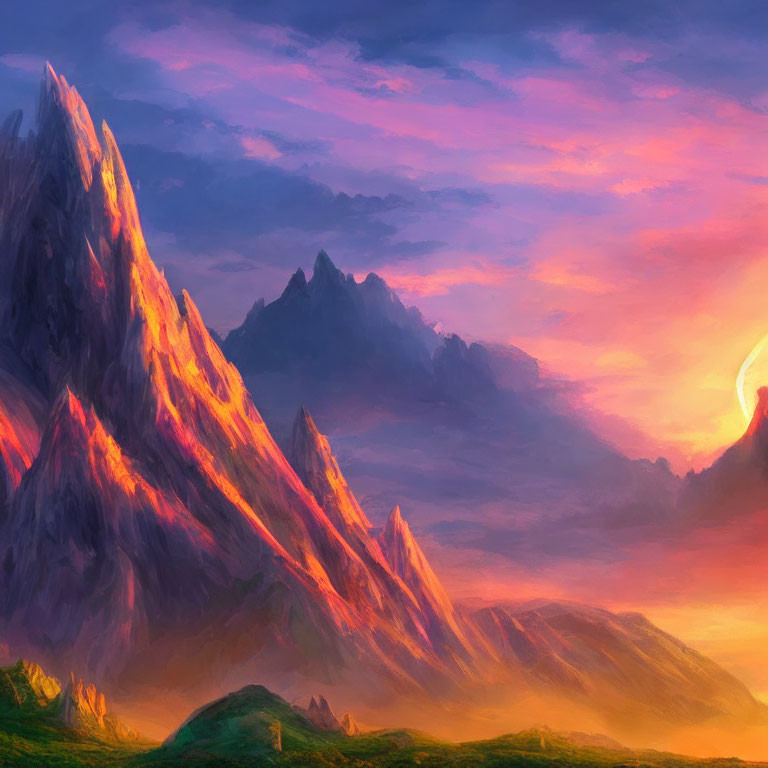 Majestic mountains under colorful sunset sky