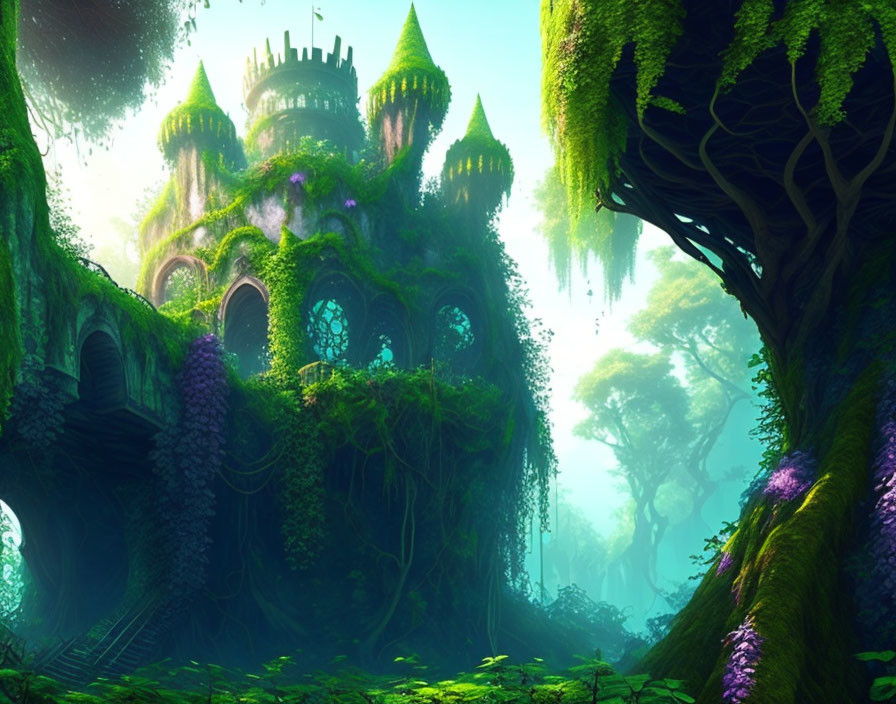 Enchanted castle in mystical forest with lush greenery