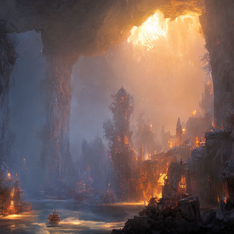 Mystical underground cavern with towering structures and calm waterway