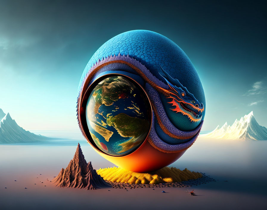 Surreal globe with dragon features in icy mountain setting