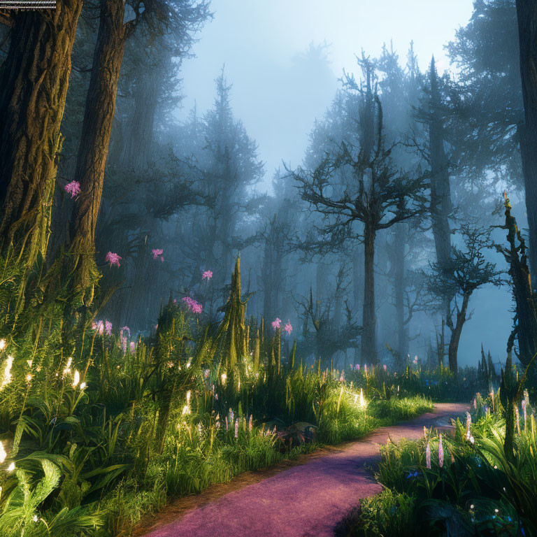 Tranquil Forest Path with Greenery and Flowers
