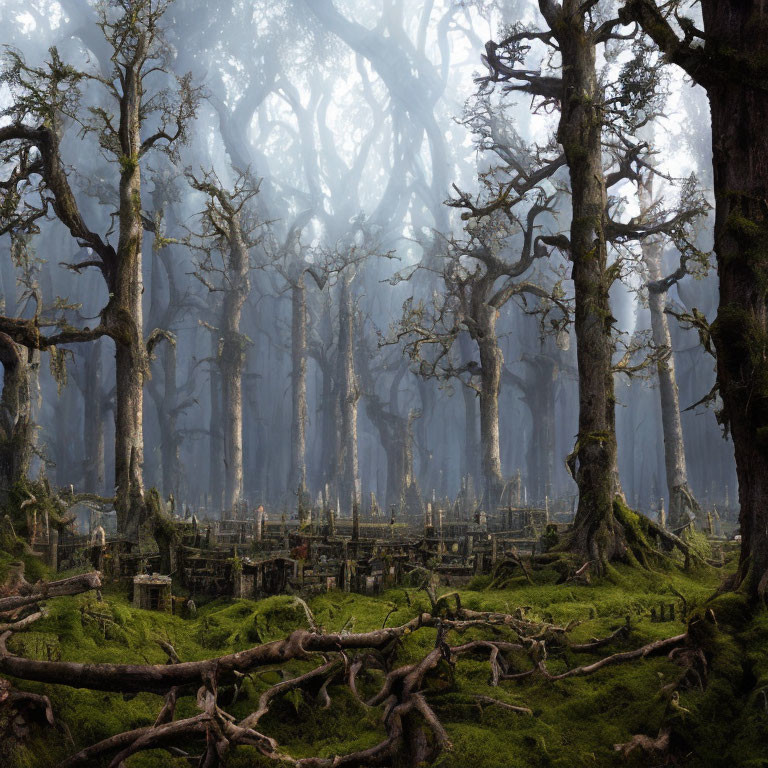 Moss-Covered Trees in Enchanted Forest Landscape
