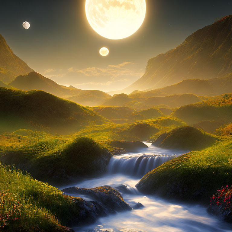 Scenic landscape with green hills, river, waterfall, moon, and sky.