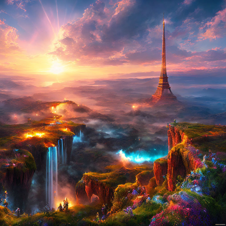 Fantastical sunrise landscape with vibrant flowers, towering spire, waterfalls, and glowing lights
