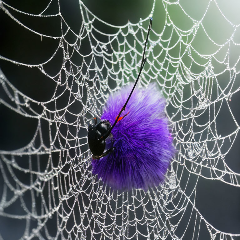 Purple pom-pom with black spider in dew-covered web on dark background