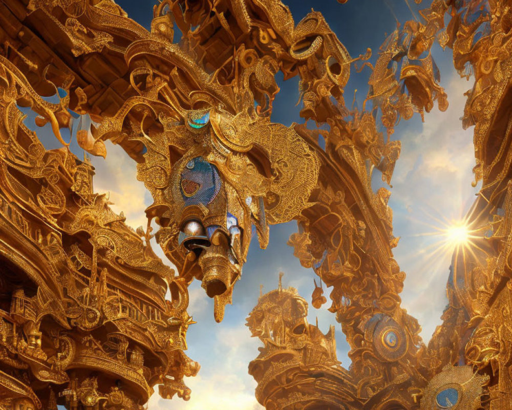 Intricate Golden Sculptures Shine Against Blue Sky