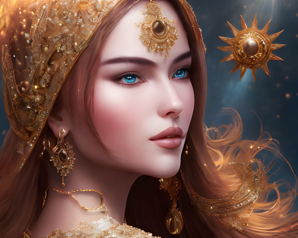 Fantasy portrait of woman with blue eyes, golden jewelry, celestial headdress, cosmic background