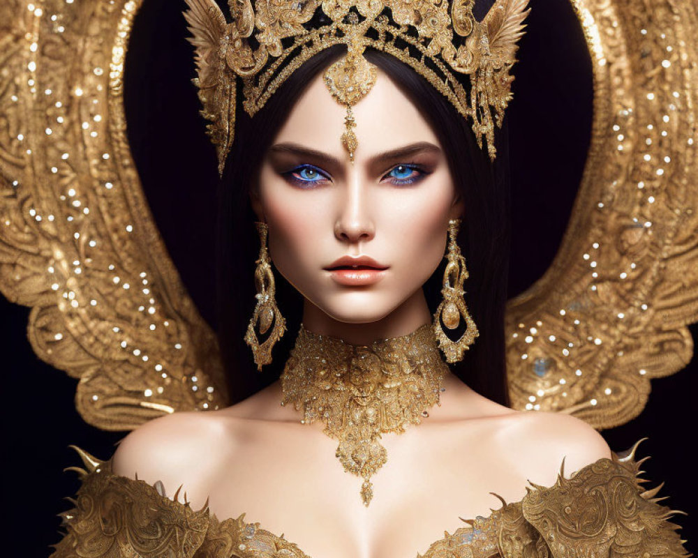 Regal woman with blue eyes in golden headdress and jewelry