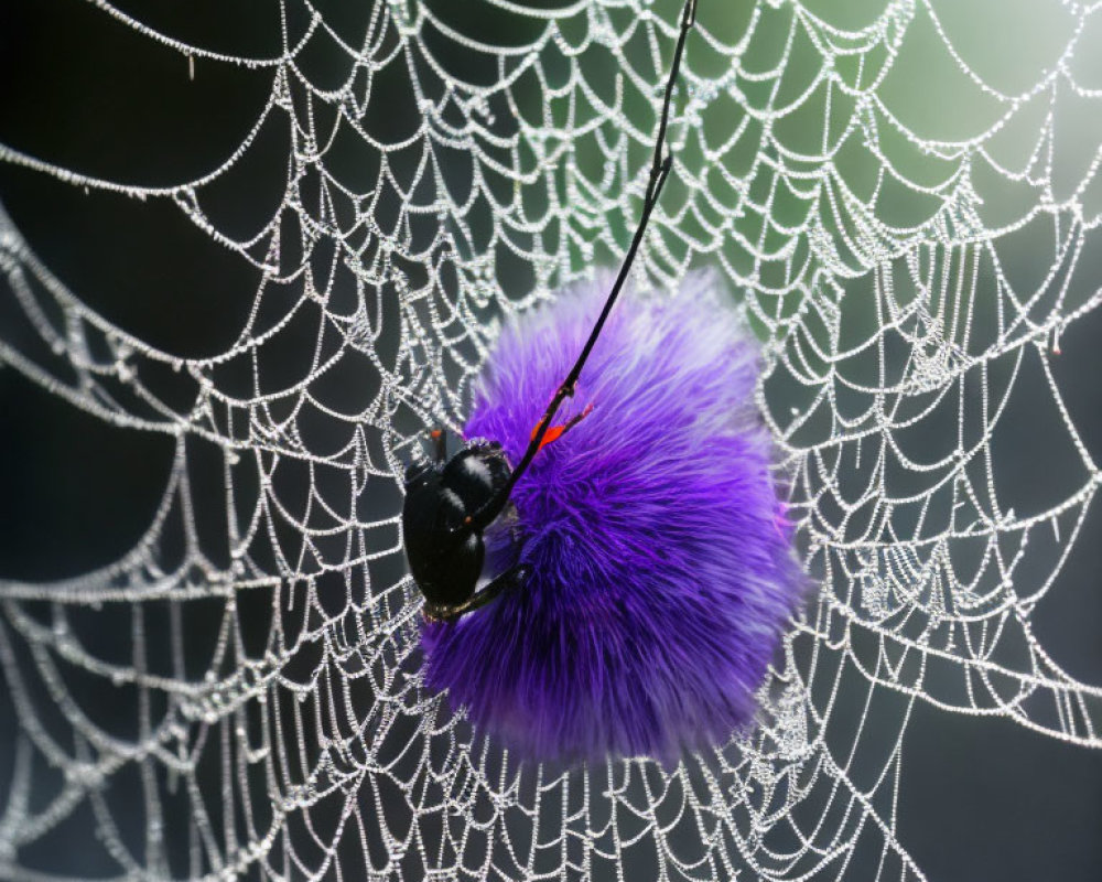 Purple pom-pom with black spider in dew-covered web on dark background