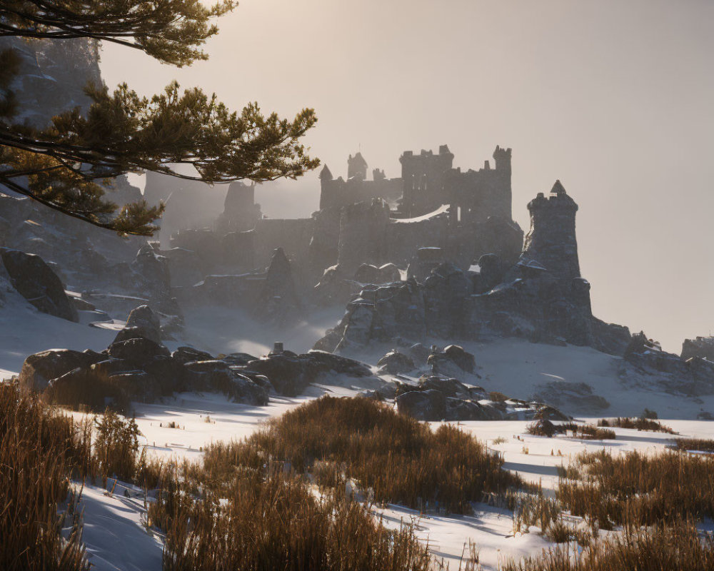 Snowy Castle Silhouette in Winter Scene