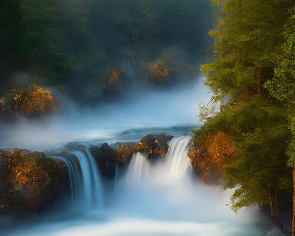 Tranquil forest waterfall with sunlight filtering through mist