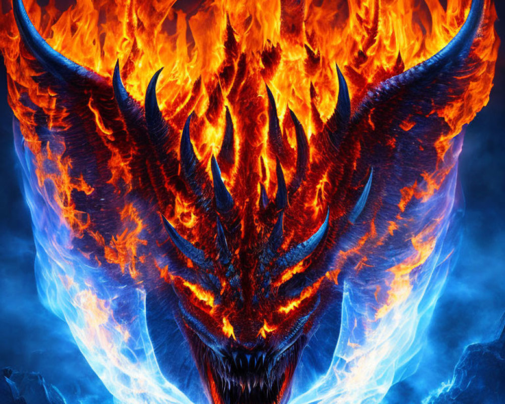Fiery dragon emerging from blazing inferno against cool blue background