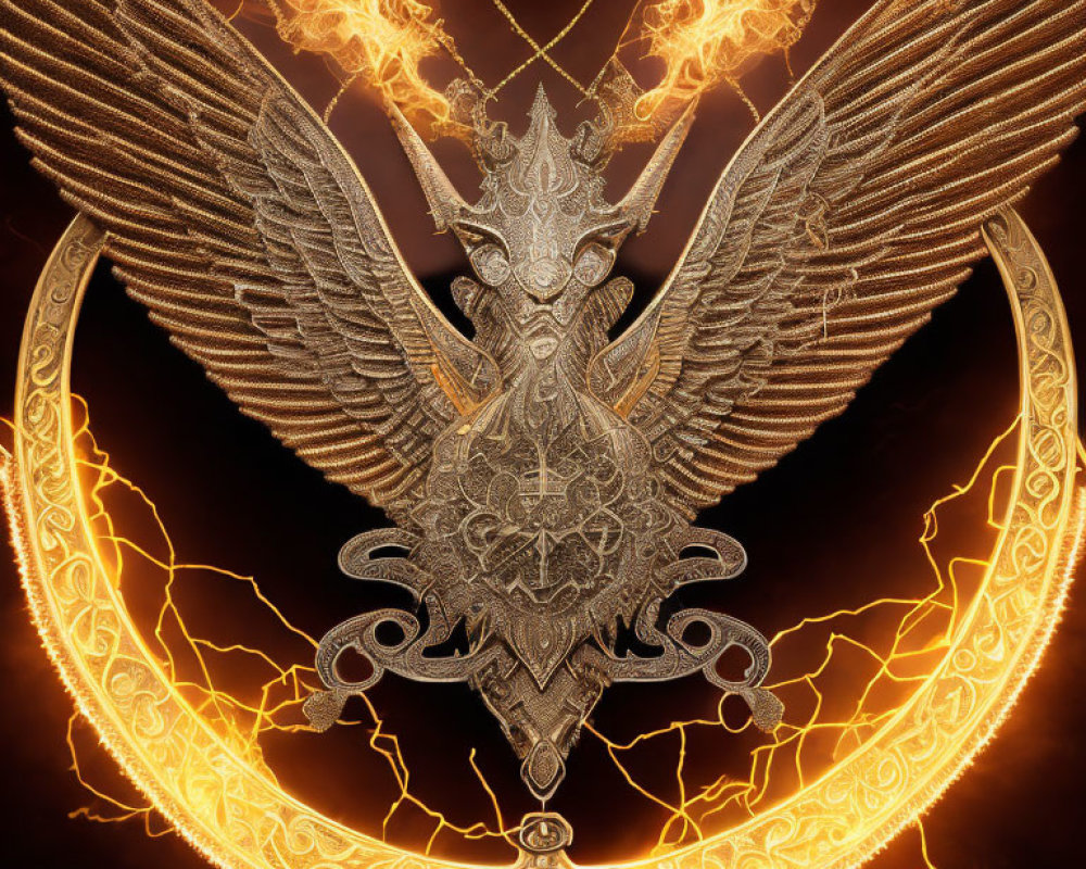 Symmetrical Golden Phoenix Emblem with Fiery Circular Patterns